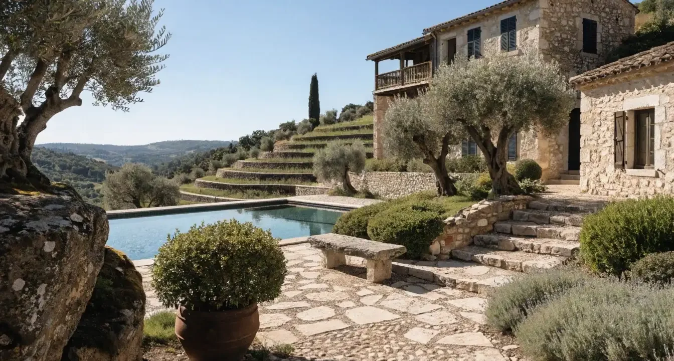 Jardin méditerranéen paysagé avec oliviers et piscine a debordement aménagé dans un mas provencal haut de gamme